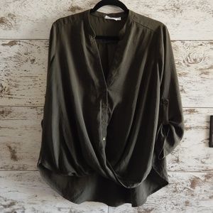 Lush Dark Army Green Twist Button Up Top